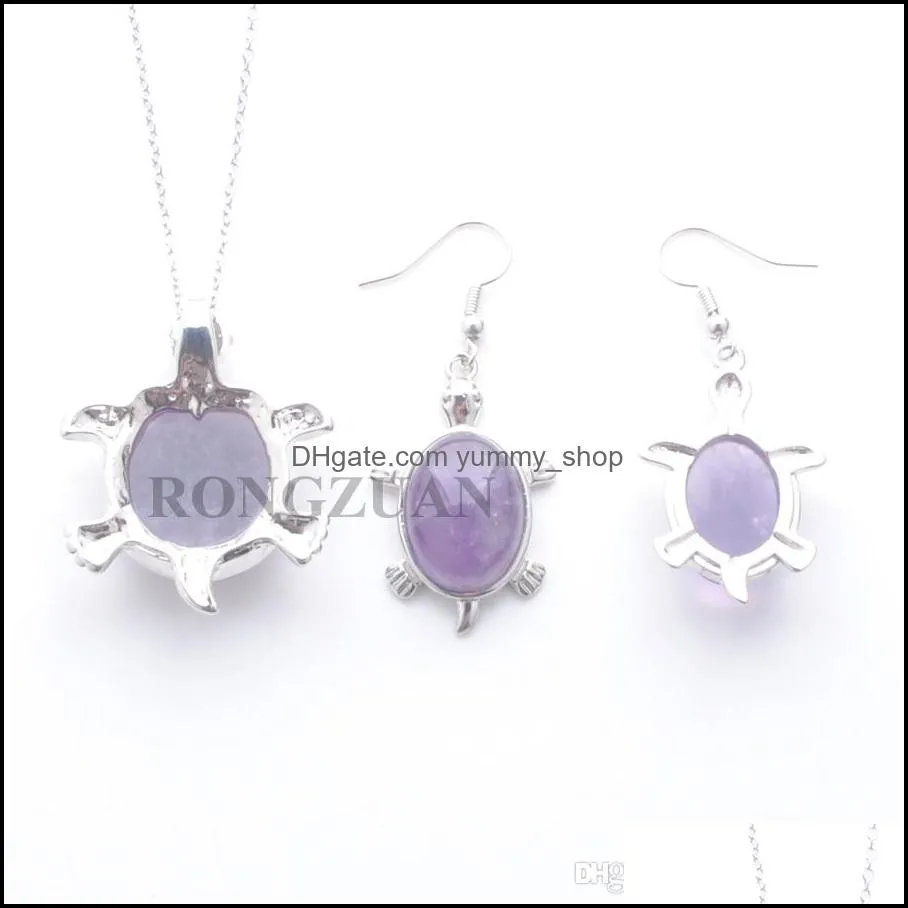 women jewelry set dangle pendant drop earrings natural amethysts stone bead tortoise necklace chain 18 fashionable gift dq3099