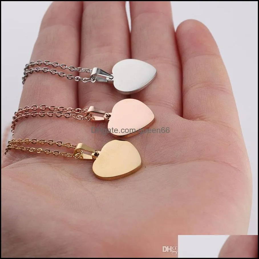 blank love heart pendant necklace stainless steel hearts charm necklace gold rose gold silver fashion jewelry for buyer own engraving