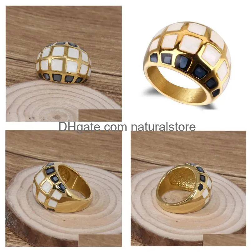 natural multicolor shell ring for men women black gold color stainless steel hip hop rings fashion jewelry