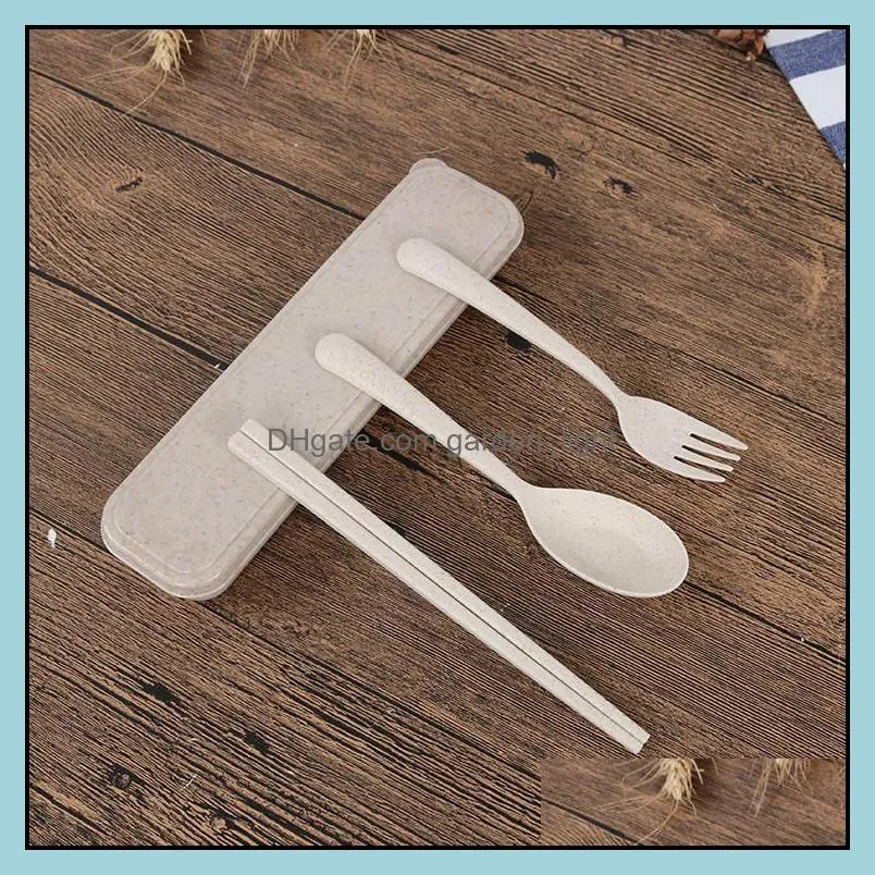 portable plastic tableware plastic spoon fork chopsticks set design ecofriendly reusable wheat straw plastic cutlery 4 colors