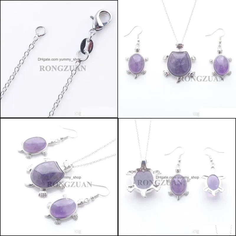 women jewelry set dangle pendant drop earrings natural amethysts stone bead tortoise necklace chain 18 fashionable gift dq3099