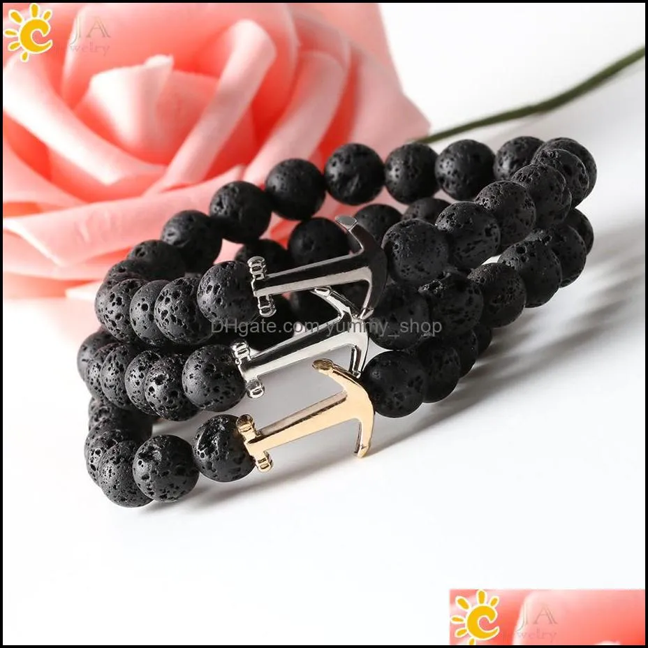 wholesale men bracelet real natural stone bead anchor bracelets for women men matte black lava volcanic rock meditation health jewelry