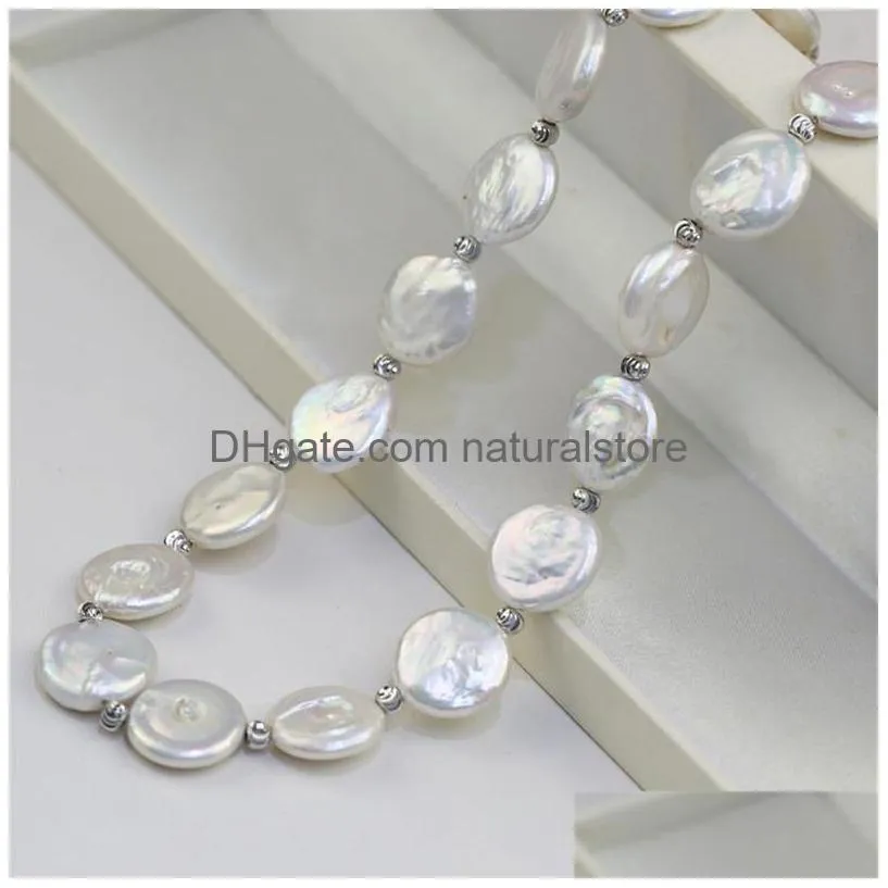 freshwater pearl necklace jewelry women 1416mm large coin shape 100 925 sterling silver true genuine fine jewelry