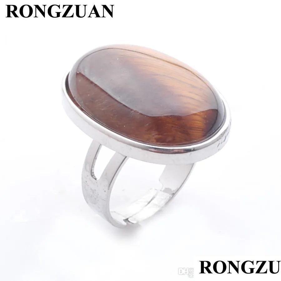 natural stone rings for women oval tigers eye bead adjustable party rings resizable fashion jewelry silver color dx3071