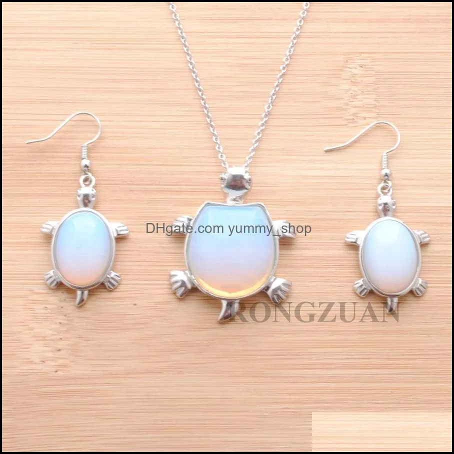 chain 18inch jewelry set dangle earring pendant for woman gift natural stone bead opal tortoise shape necklace 