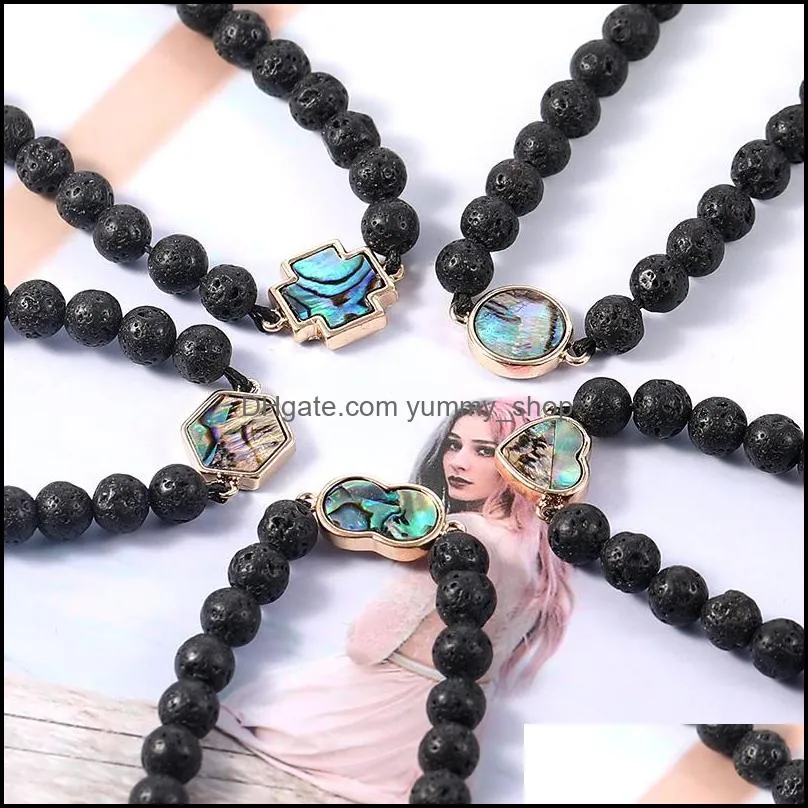 women mencross heart round shape natural abalone shell charm bracelet lava volcanic stone beads braided rope bracelets jewelry friends