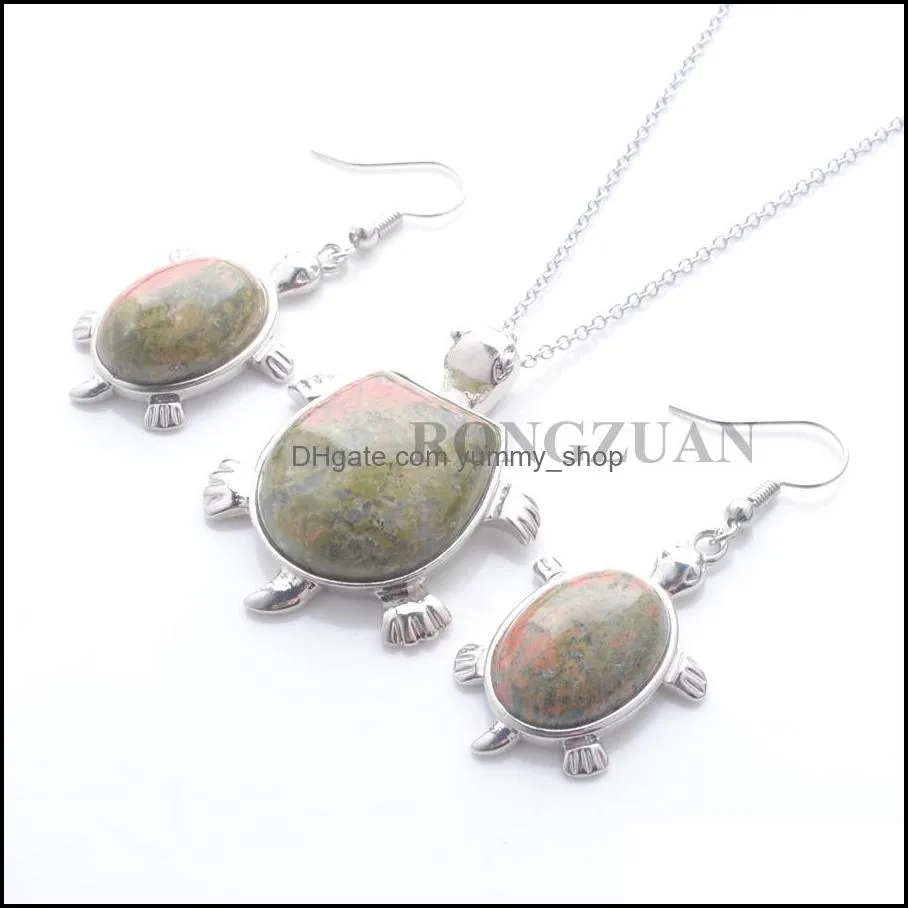 fashion jewelry set dangle earrings necklace for women natural stone unakite jasper tortoise shape pendant chain 18 dq3104