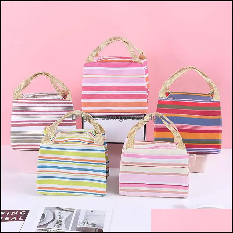  portable carry case lunch box canvas stripe picnic lunch drink thermal insulated cooler tote bag 6 colors wq208