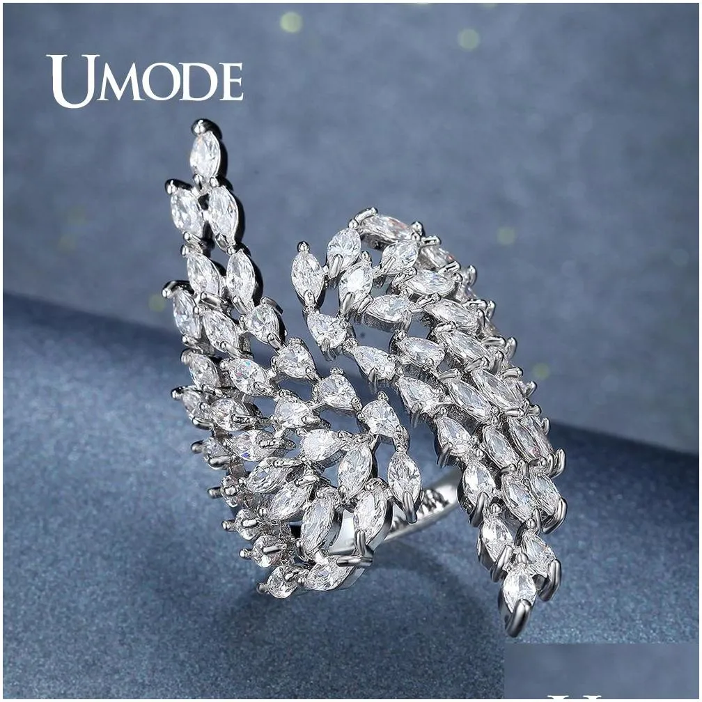 brand fashion silver color angel wings crystal ring for women jewelry party cocktail ring big finger open anel gift ur0382