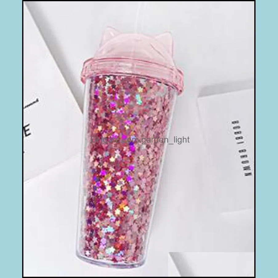 plastic tumbler with straws double cup students cup gift cup cat ear flashing cartoon cute creative ysy82q