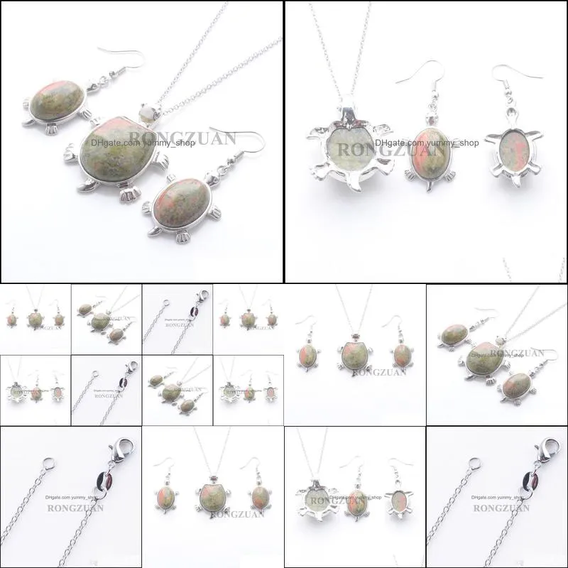 fashion jewelry set dangle earrings necklace for women natural stone unakite jasper tortoise shape pendant chain 18 dq3104