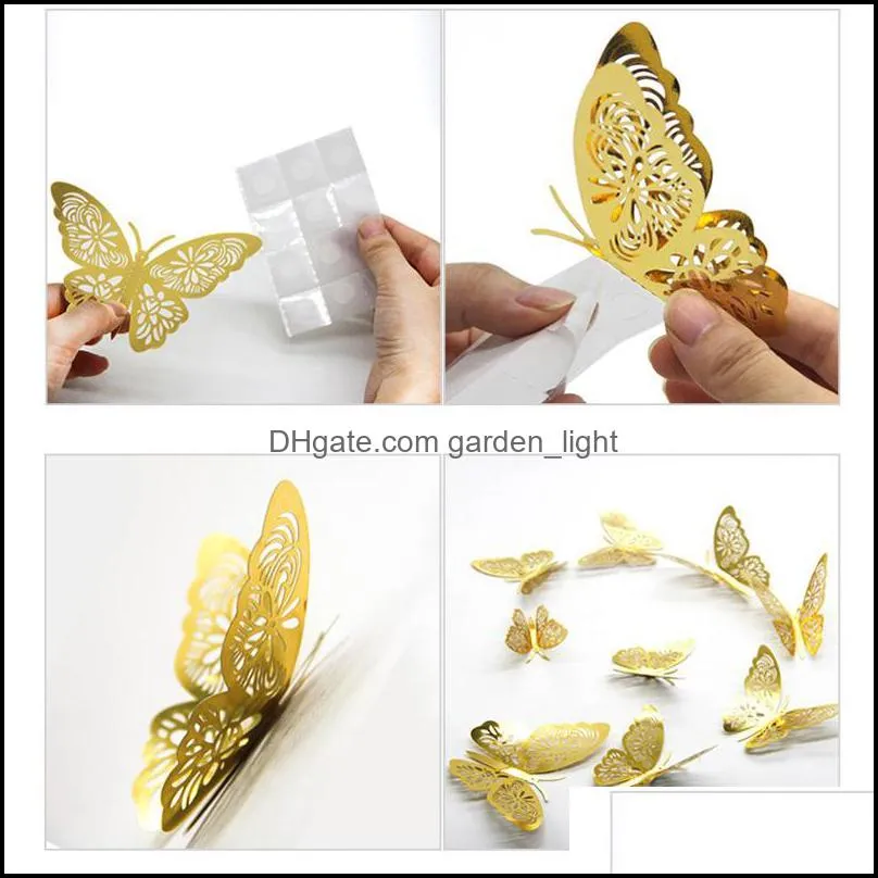 12pcs/set rose gold 3d hollow butterfly wall sticker for home decor butterflies stickers room decoration party wedding decors wll993