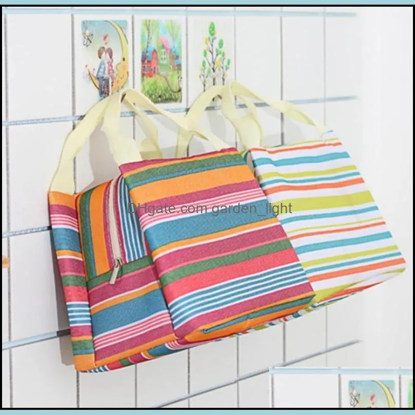 portable carry case lunch box canvas stripe picnic lunch drink thermal insulated cooler tote bag 6 colors wq208