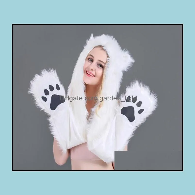 lady wolf cap winter white wolf anime paws ears faux animal hood mittens gloves scarf zipper with fleece lined plush cosplay cap wy873