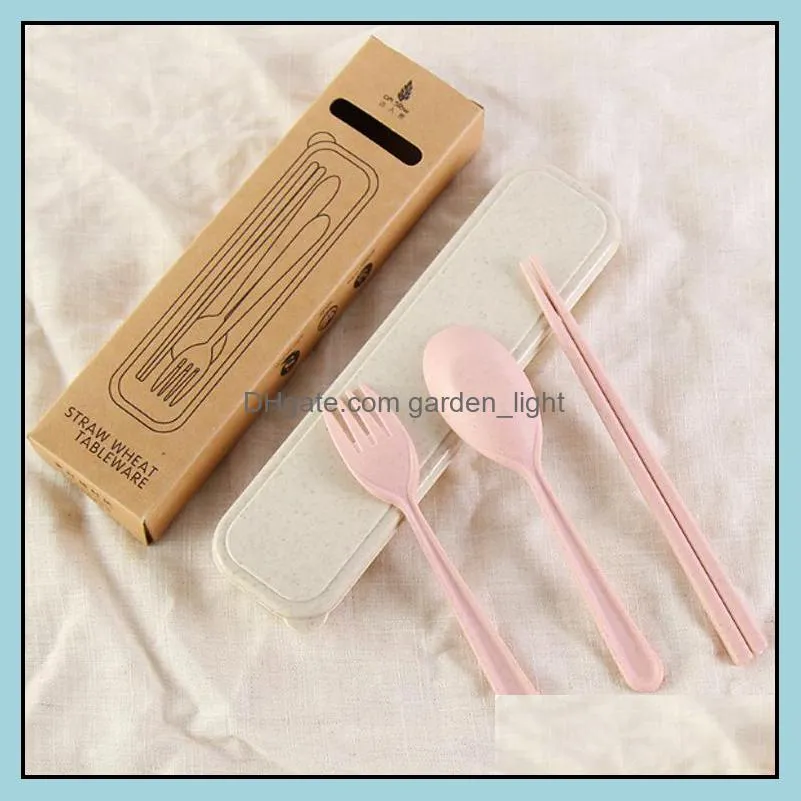 wheat straw plastic tableware spoon fork chopsticks set portable travel cutlery box dinnerware utensils for kids wll480