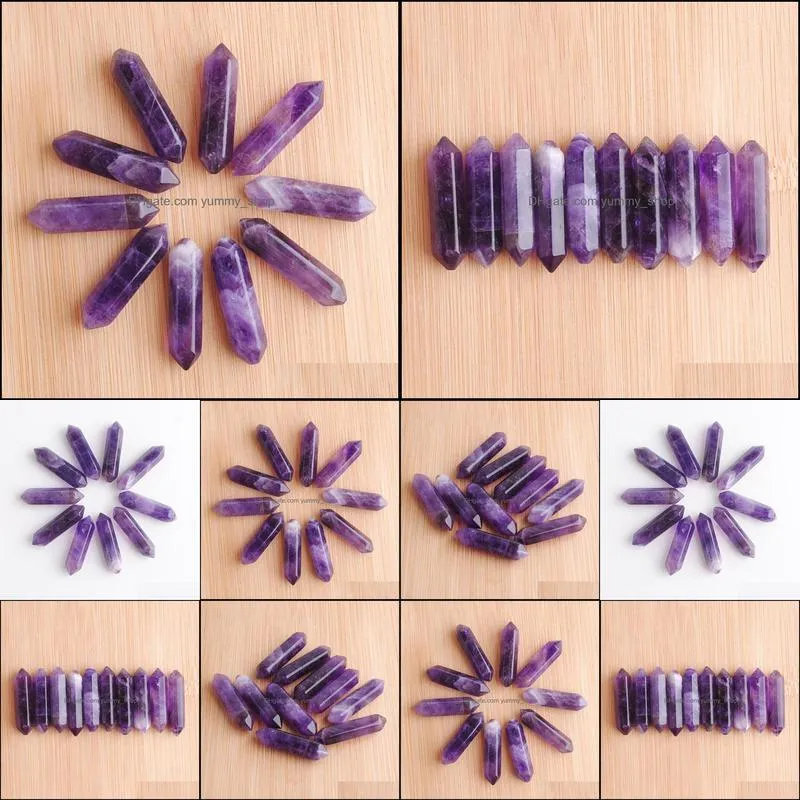 hexagonal healing pointed loose gemstones reiki chakra natural amethyst stone 30x8mm no drilling hole pendant beads wholesale du3306