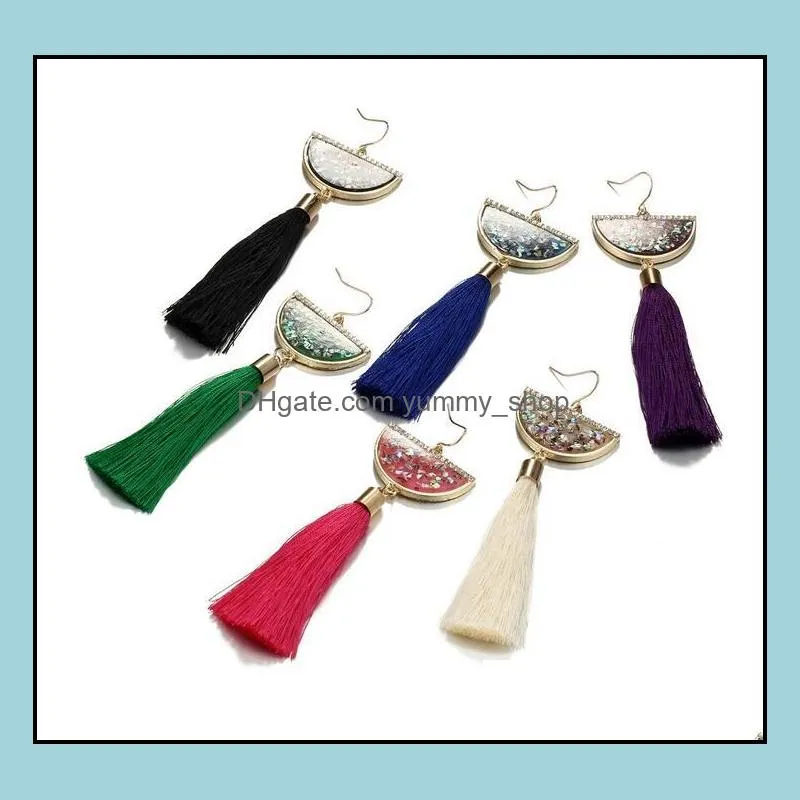 bohemian crystal tassel dangle earring black white blue red green silk fabric long drop tassels earrings for women jewelry gifts 6
