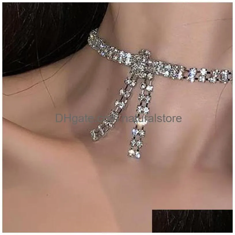 women choker necklaces tennis iced out chains bow pendant collar necklace fashion designer bling crystal rhinestone diamond wedding