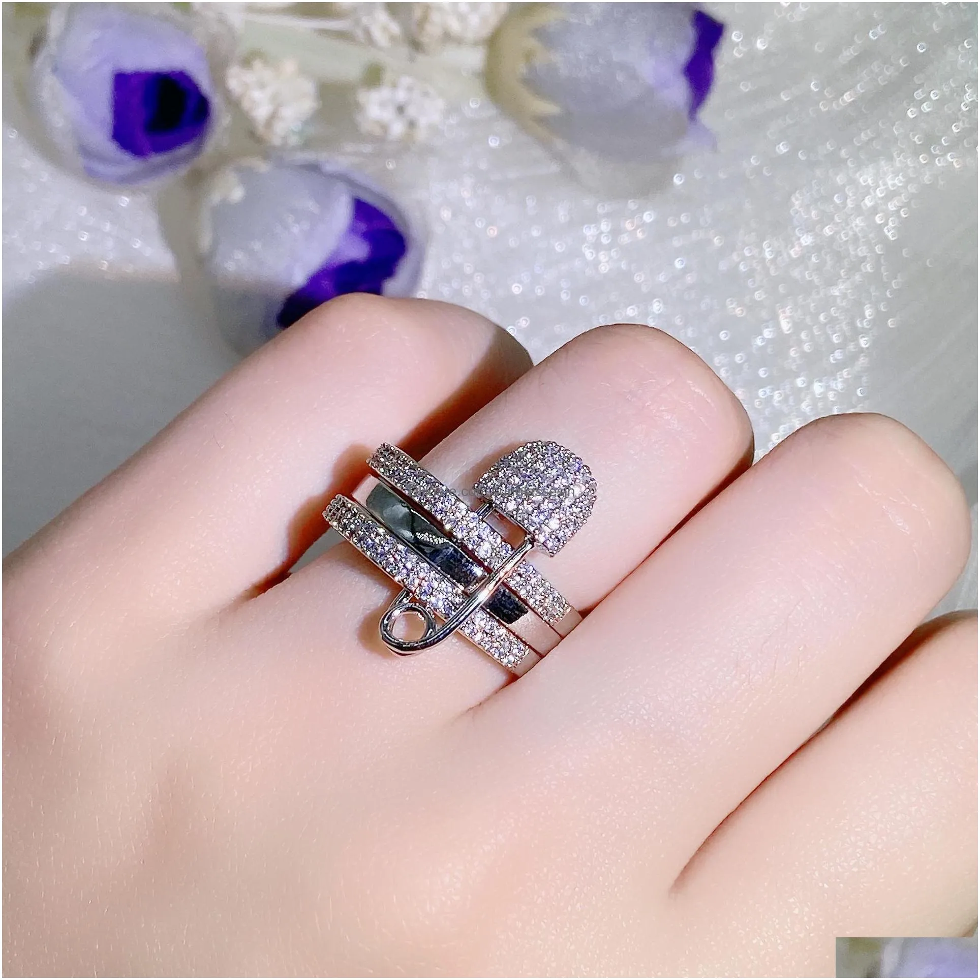 three layers band rings crystal pave bands with pins rings