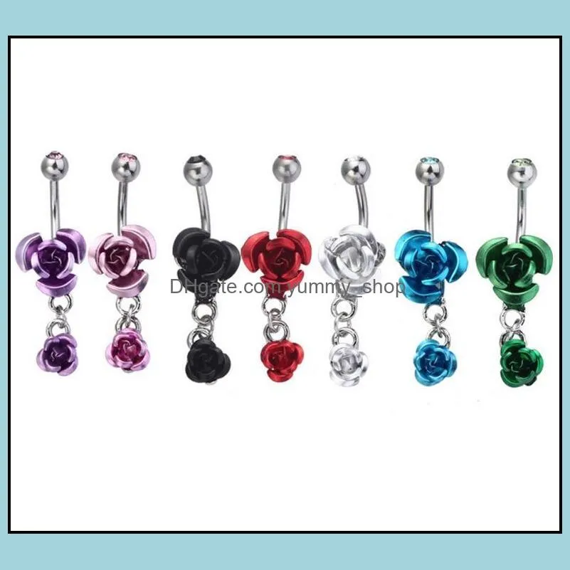 stainless steel hypoallergenic belly button rings crystal rose flower body piercing bar jewlery for women bikini fashion navel ring