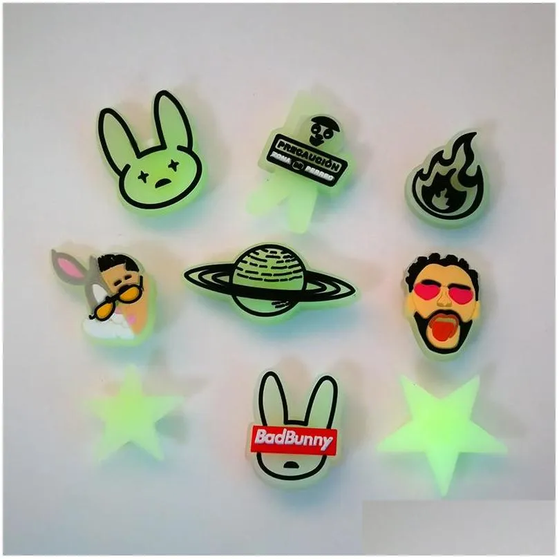 bad bunny pattern glow in the dark croc jibz charms luminous 2d soft pvc shoe accessories decorations fluorescent clog pins shoes buckles charms fit kids
