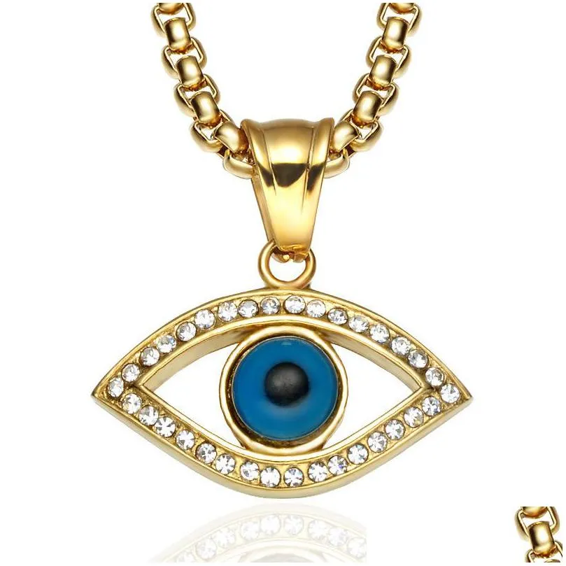 turkish blue eye necklace gold 316l stainless steel evil eyes pendant necklaces chains for women fashion crystal rhinestone mens lucky jewelry birthday xmas