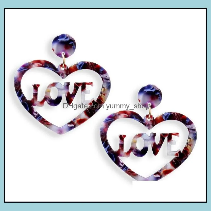 love heart dangle earring acrylic acetic acid sheet ear stud women statement long drop earrings 8 colors wholesale