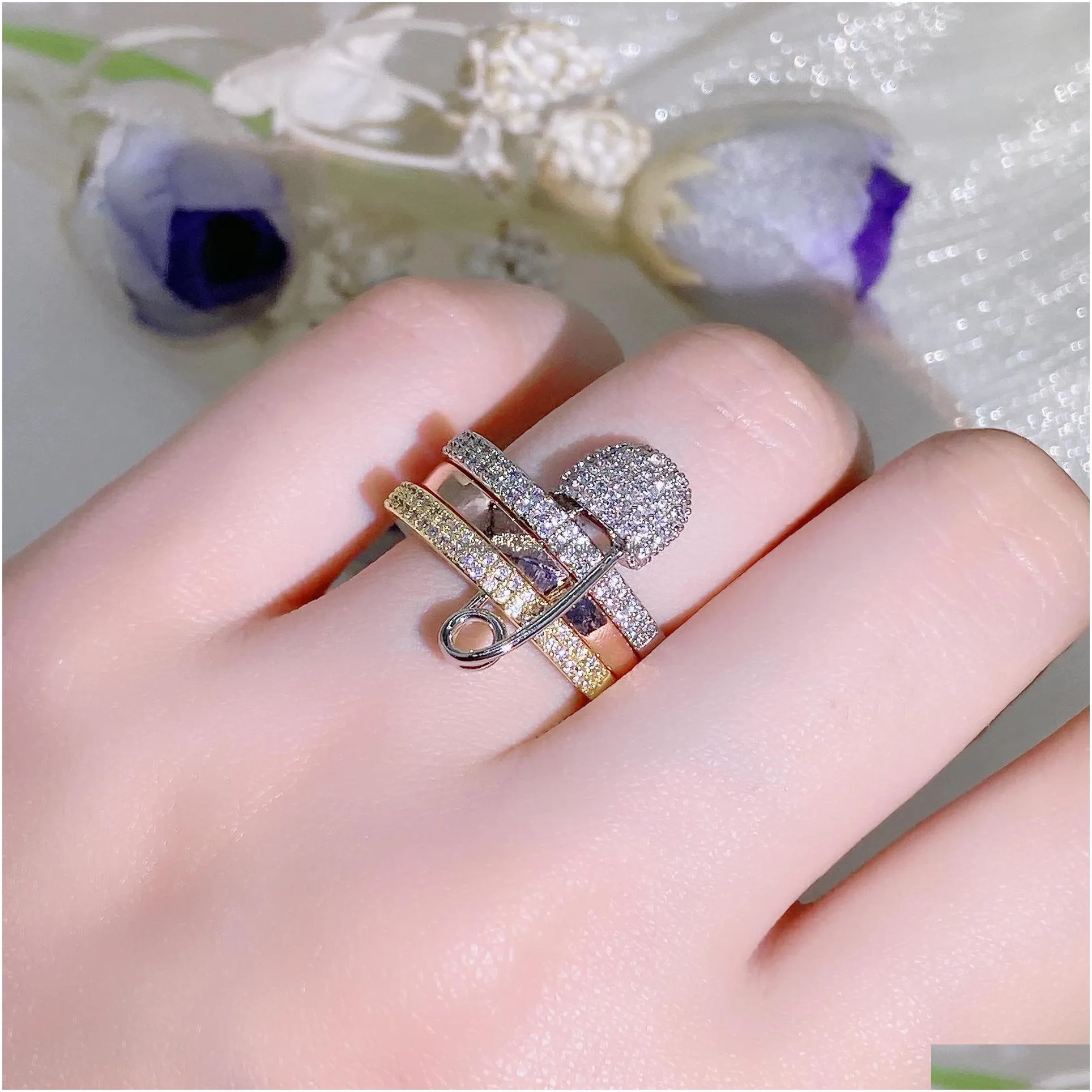 three layers band rings crystal pave bands with pins rings