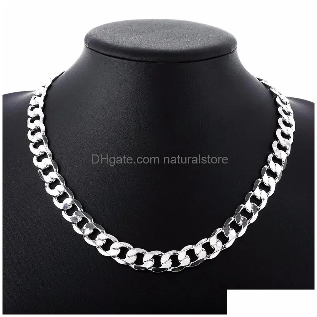 12mm chain necklace for men silver 925 necklace 20 22 24 26 inchs curb chain choker male jewelry wide collar torque masculino
