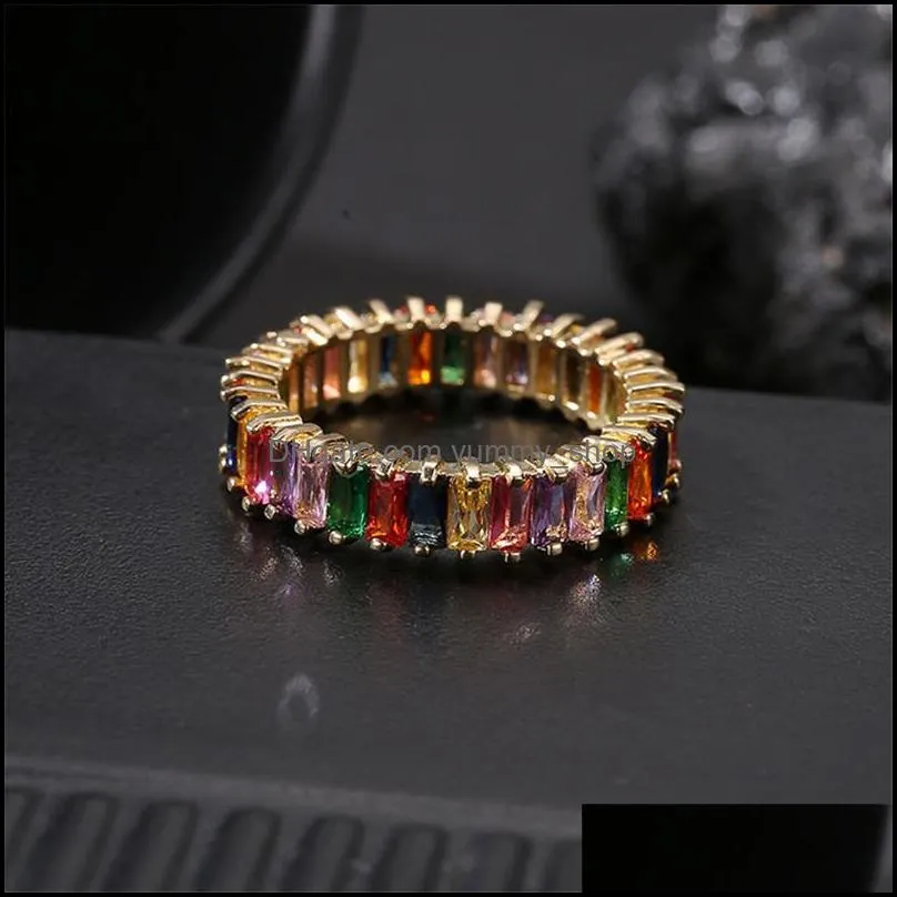 gold filled rainbow square engagement ring for women colorful cubic zirconia cz eternity band ring fashion wedding party jewelry