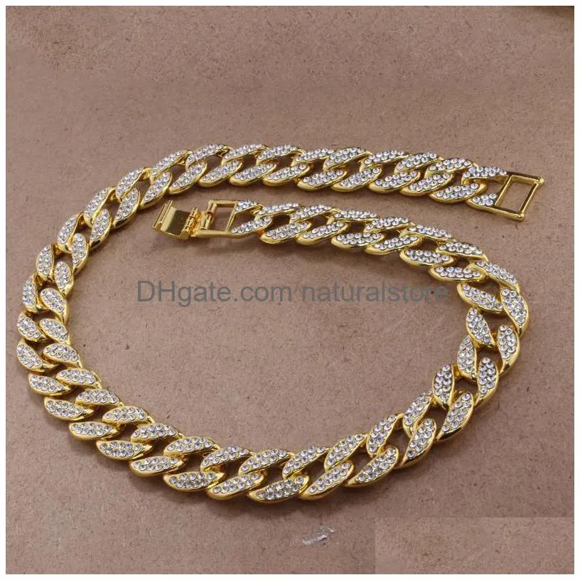 iced out bling rhinestone chains silver golden finish  cuban link chain necklace 15mm mens hip hop necklace jewelry 16 18 20