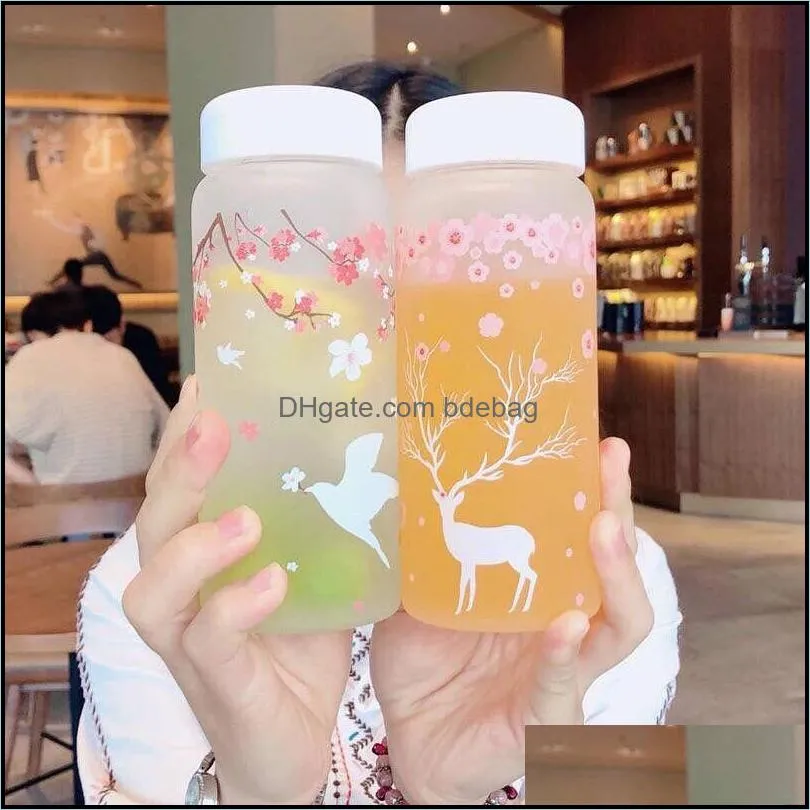 water bottles creative cherry blossoms frosted glass bottle kawaii reindeer for girl cute pink portable sport drink