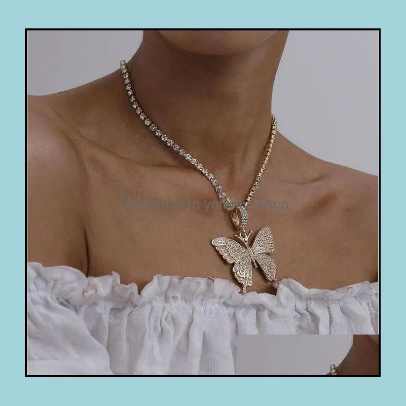 statment big butterfly pendant necklace hip hop iced out rhinestone chain for women bling tennis chain crystal animal choker jewelry