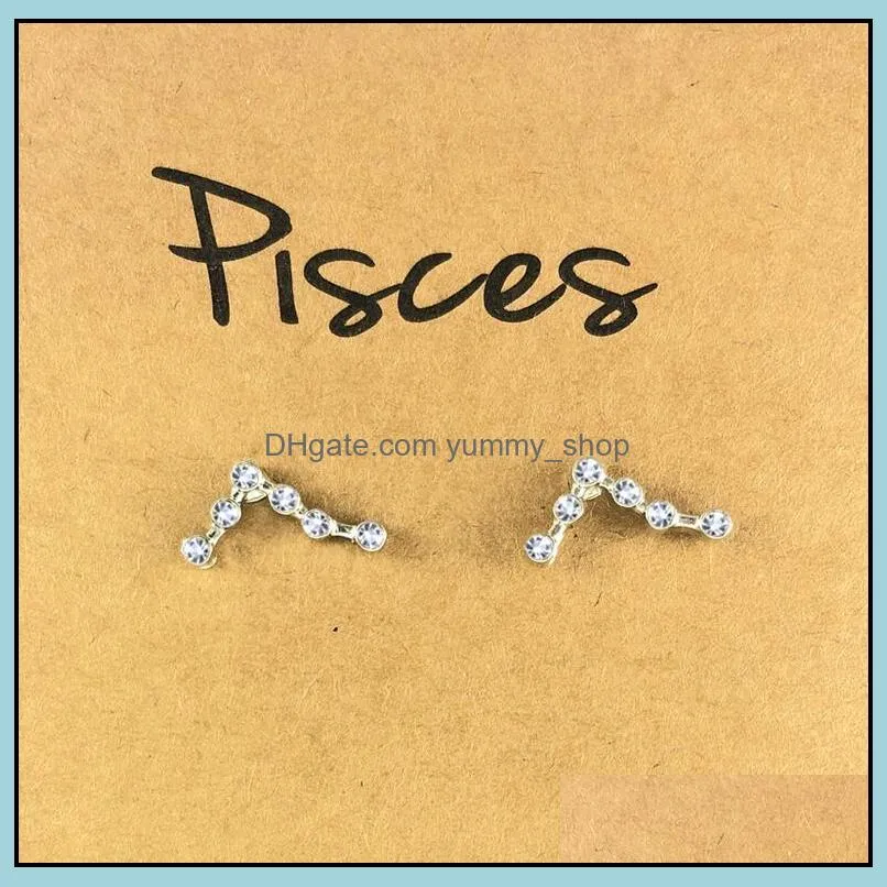 12 constellations metal diamonds stud earrings silver gold zodiac sign earring jewelry with gift card
