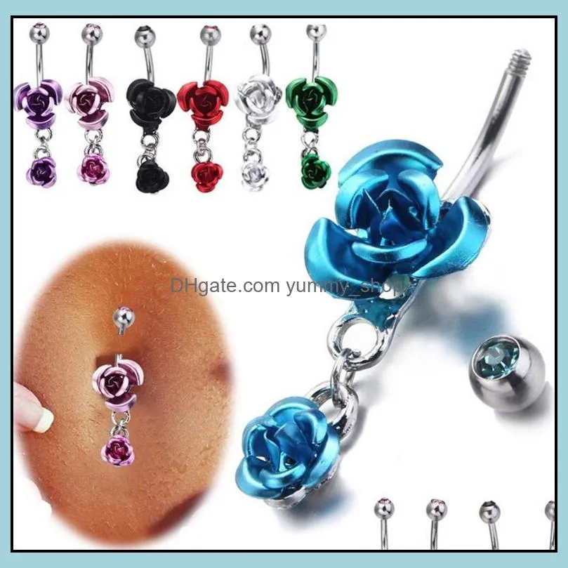 stainless steel hypoallergenic belly button rings crystal rose flower body piercing bar jewlery for women bikini fashion navel ring