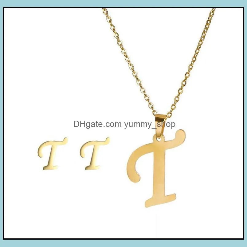 26 letter necklaces with earring set stainless steel gold choker initial pendant necklace women alphabet chains jewelry