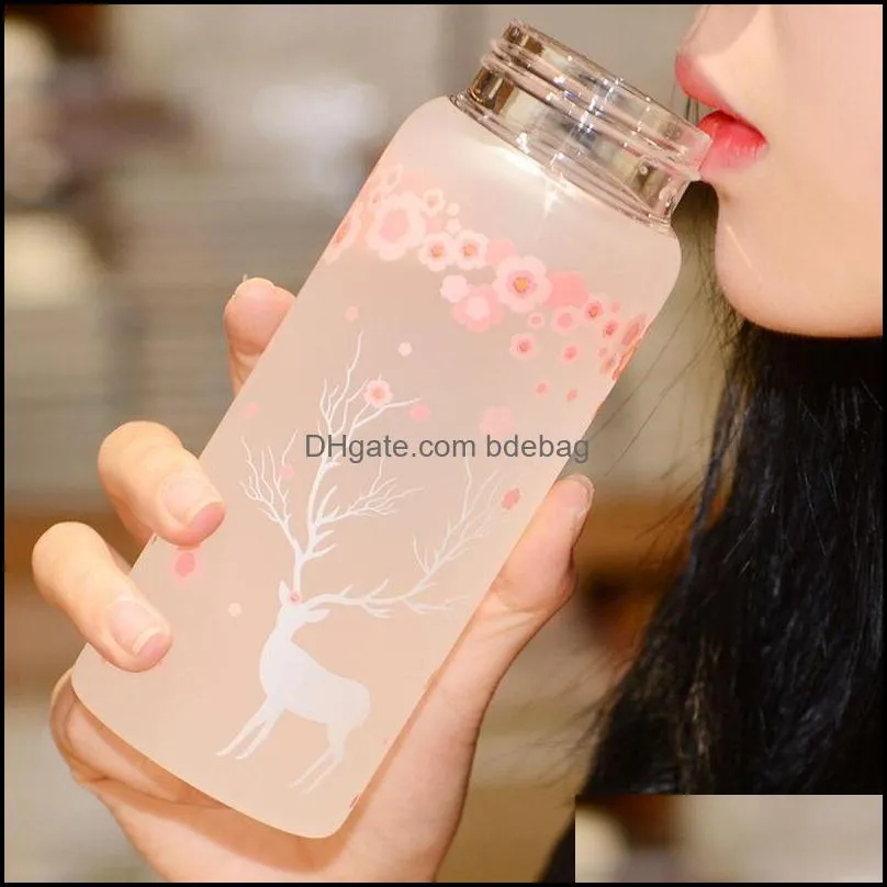 water bottles creative cherry blossoms frosted glass bottle kawaii reindeer for girl cute pink portable sport drink