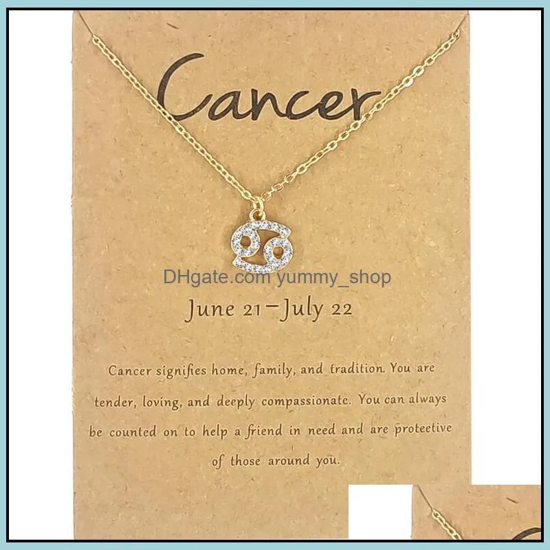 12 zodiac rhinestone necklaces constellations necklace clavicle chain with gift card for men women birthday jewelry wholesale