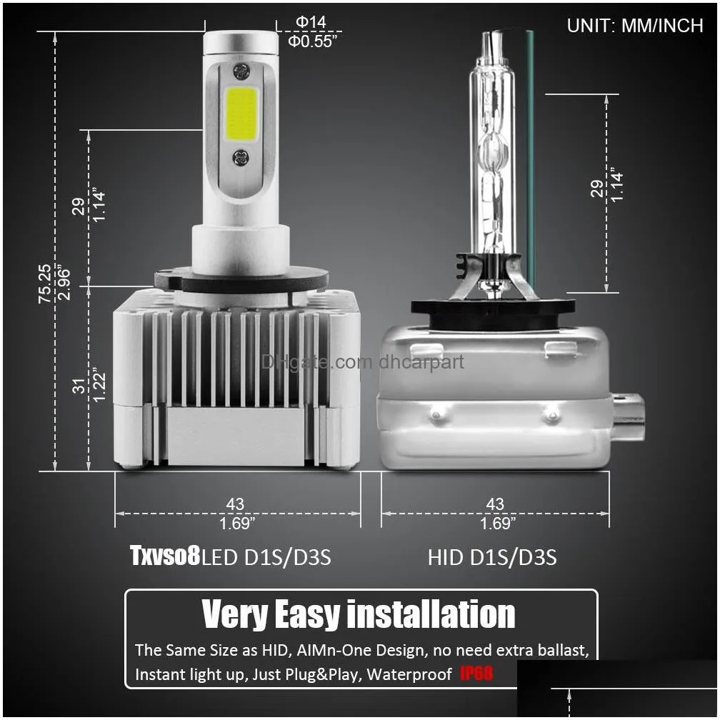 txvso8 car led headlight d1s d3s 20000lumens high beam 6000k white super bright 2pcs easy installation auto light