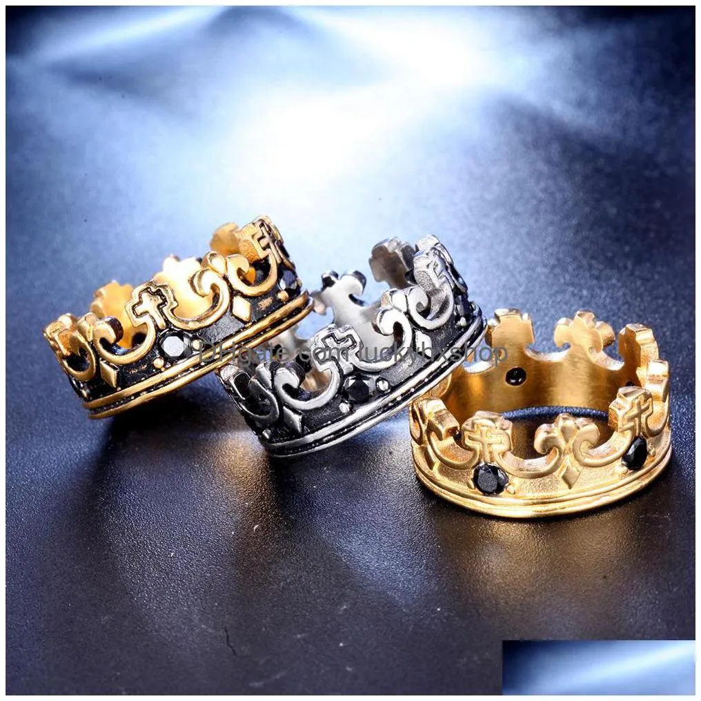 knight templar crown titanium steel men signet ring gold silver vintage jewelry punk rock male rings biker band hip hop
