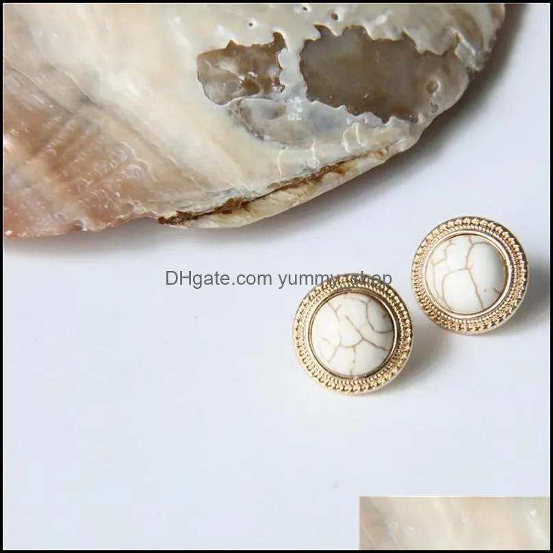 vintage round big opal stone stud earrings for women unique design marble stone earring temperament simulated pearl jewelry wholesale