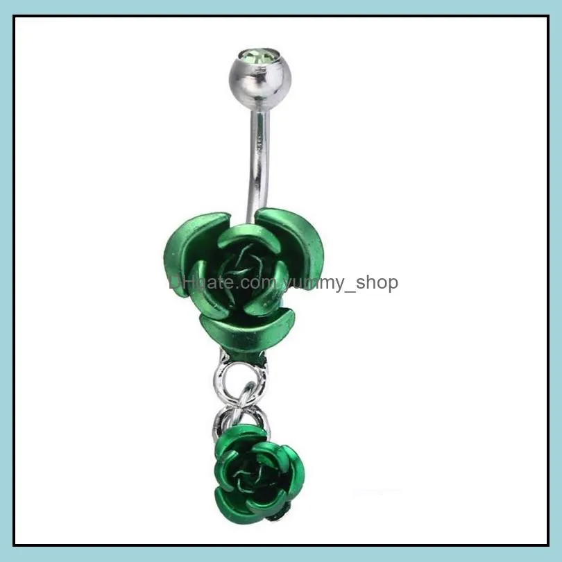 stainless steel hypoallergenic belly button rings crystal rose flower body piercing bar jewlery for women bikini fashion navel ring