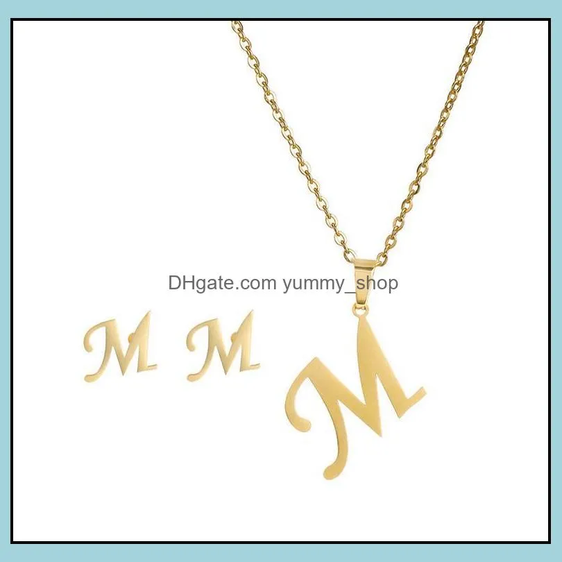 26 letter necklaces with earring set stainless steel gold choker initial pendant necklace women alphabet chains jewelry