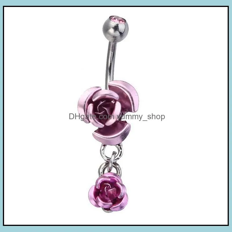 stainless steel hypoallergenic belly button rings crystal rose flower body piercing bar jewlery for women bikini fashion navel ring