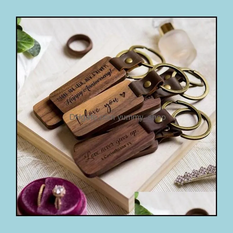 personalized leather keychain pendant beech wood carving keychains luggage decoration key ring diy fathers day gift