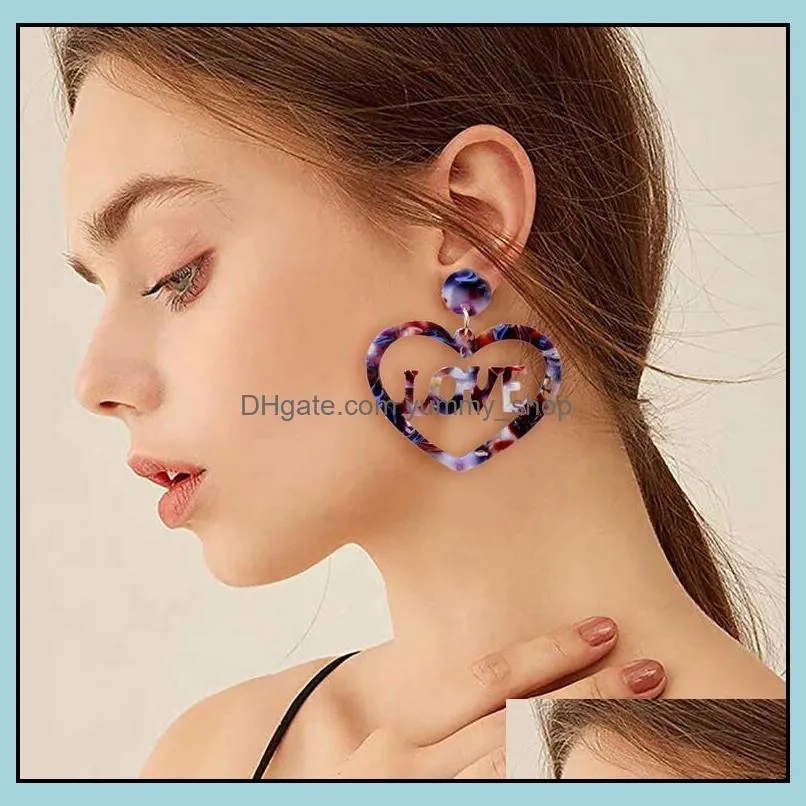 love heart dangle earring acrylic acetic acid sheet ear stud women statement long drop earrings 8 colors wholesale