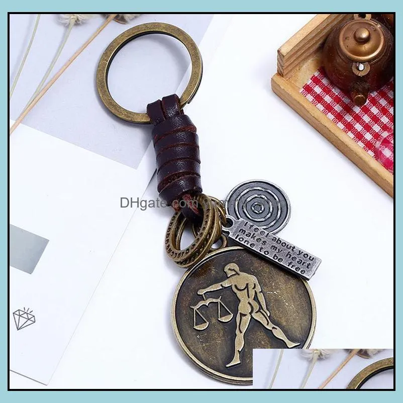 12 constellation keychain cowhide zodiac keychains retro woven key chain bronze keyring for birthday gift wholesale