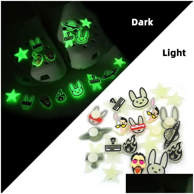 bad bunny pattern glow in the dark croc jibz charms luminous 2d soft pvc shoe accessories decorations fluorescent clog pins shoes buckles charms fit kids