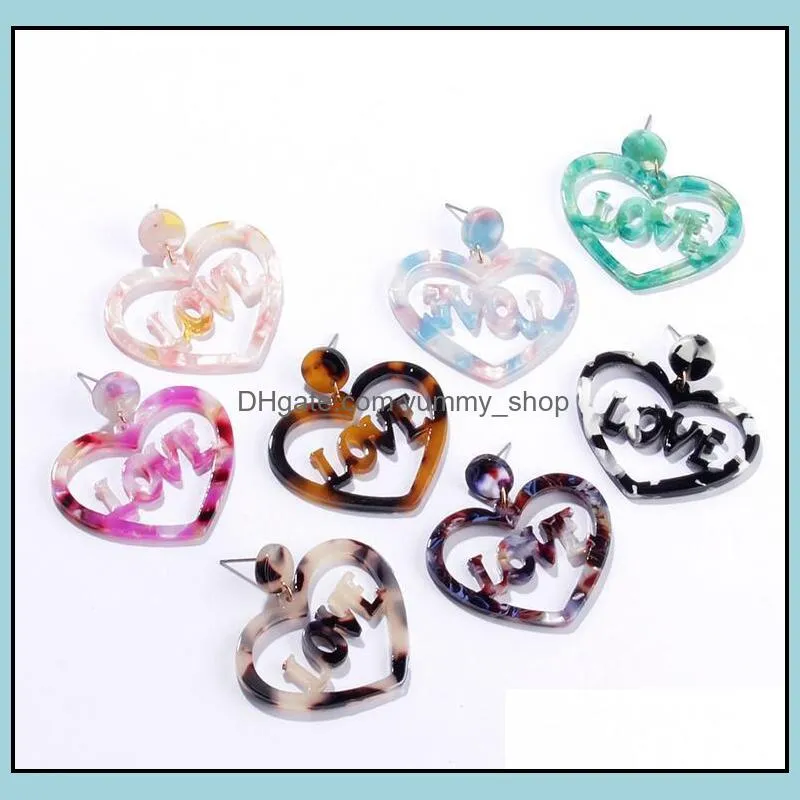 love heart dangle earring acrylic acetic acid sheet ear stud women statement long drop earrings 8 colors wholesale