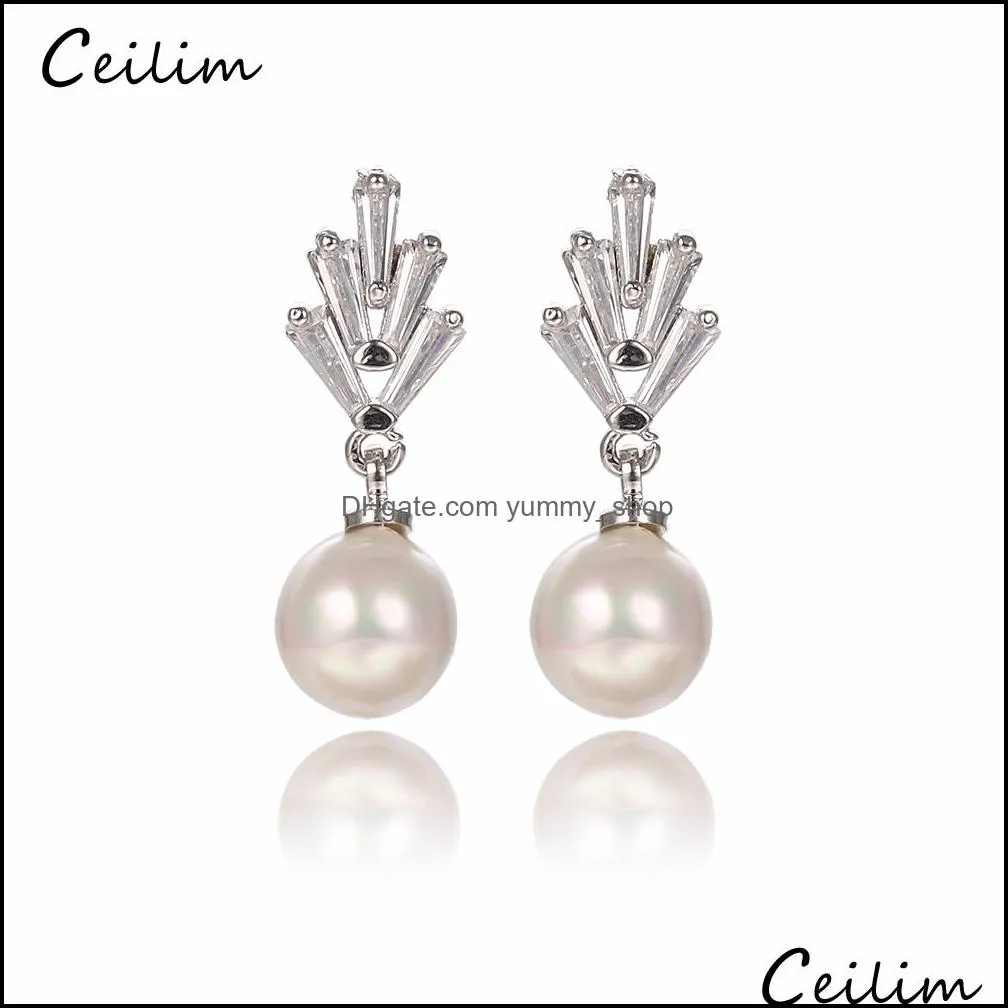 zircon stones clear dangle earring stud dangle white simulated pearl earrings for women lady girls party jewelry bridesmaid gifts